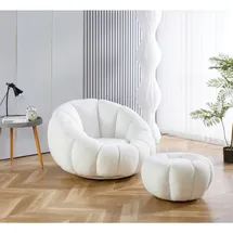 SalesFever Sessel und Hocker Set aus Teddyfell Weiß