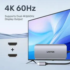 UNITEK Aktiver Hub Usb-C 2X Hdmi 4K Rj45 Pd 100W - Grau