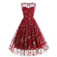 ticticlily Kleid Damen Lang Knielang Elegant Sommer Midikleid Kurzarm Mesh 1950er Party Cocktail Rockabilly Vintage Abendkleid Festlich Hochzeit Swing Rüschenkleid B Rot XS - XS