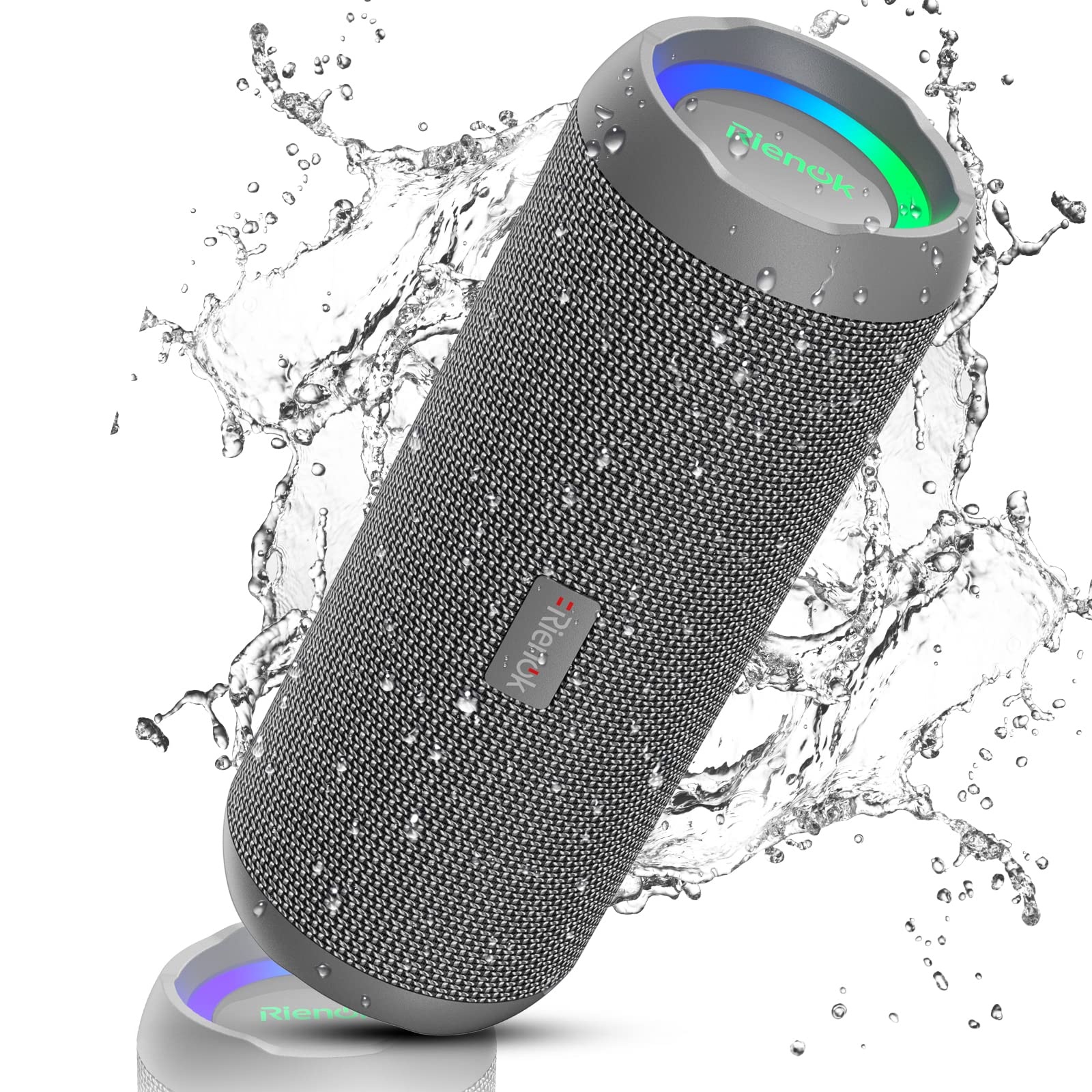 RIENOK Bluetooth Lautsprecher mit Licht Bluetooth 5.3 Musikbox Bass Kabellos Box mit IPX7 wasserdicht Stereo Sound Tragbar Grau