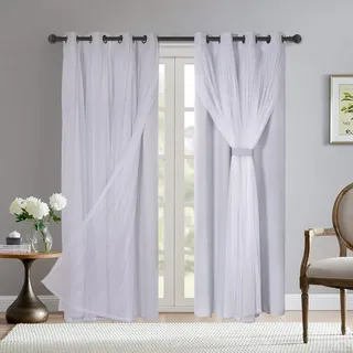 Bonzer Doppellagige Vorhänge mit Ösen, weiß, durchscheinend, Voile, für Wohnzimmer, Mix and Match Verdunkelungsvorhänge, Weiß Grau, 132 x 213 cm, 2er-Set Paneele