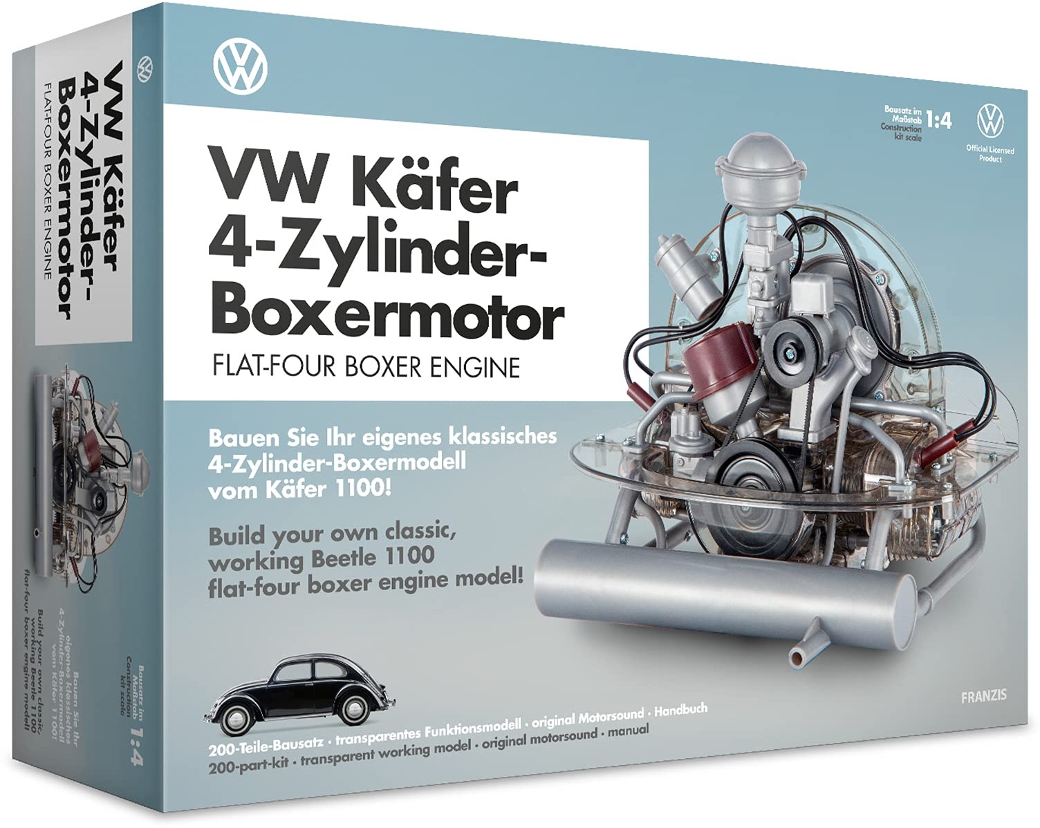 FRANZIS 67038 – Volkswagen VW Käfer Boxermotor, originalgetreuer Motorbausatz des 4-Zylinder Käfer 1100 Motors im Maßstab 1:4, inkl. Soundmodul, Anleitung und 100-seitigem Begleitbuch
