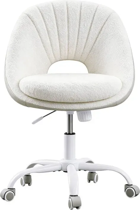 HaluPeit Schminkstuhl, Drehstuhl mit Wippfunktion, Home-Office-Stuhl, aus atmungsaktivem Sherpa-Fleece und Polyurethan, geeignet für Schlafzimmer, Büros und Wohnzimmer, Beige und Weiß