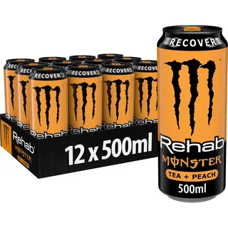 Monster Energy Rehab Peach, koffeinhaltiger Eistee mit Pfirsich-Geschmack, Energiegetränk ohne Kohlensäure, in praktischen Einweg Dosen, 500 ml (12er Pack)