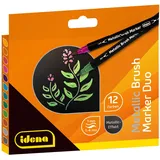 IDENA 10856 - Brush Marker mit Doppelspitze, 12 Filzstifte in Metallic-Farben, wasserfeste Stifte für viele Untergründe