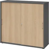 bümö Schiebetürenschrank 3OH - Aktenschrank abschließbar, Sideboard Schrank mit Schiebetüren in Graphit/Eiche, Bügelgriff - Büroschrank aus Holz mit