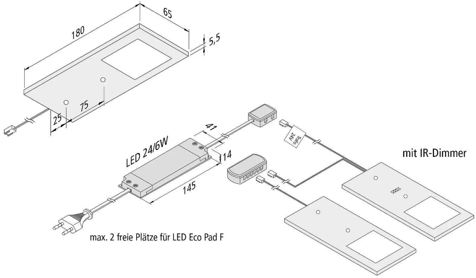 Hera LED-Unterbaulampe Eco-Pad F 2x-Set 3.000K alu F, dimmbar, alu / grau / zink, für Küche, Aluminium, Modern, Unterschrankleuchten - 18 cm - 6.5 cm - 0.55 cm