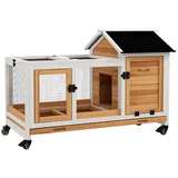 PawHut Zwergkaninchenstall aus Holz, 108 x 58 x 73,5 cm Kleintierstall mit Freilaufgehege, Rädern, Klappdach, Zwergkaninchenkäfig mit Ausziehbarem Tablett für Indoor, Outdoor, Gelb