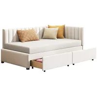 MODFU Schlafsofa Polsterbett Daybett Tagesbett Gästebett Jugendbett, mit 2 großen Stauraumschubladen und Lattenrost, ohne Matratze beige