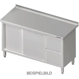 Stalgast Arbeitsschrank mit Schiebetüren, 1200x700x850 mm, mit 2er Schubladenblock links, mit Aufkantung, verschweißt