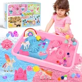 Herenear 36 Stück Sand Sandbox Set, Einhorn Geschenke für Mädchen, Einhorn Spielsand Koffer - Mit Rosa und Blau Knetsand, 4 Einhorn Figure und 30 Zubehör, Sensorisch Zaubersand Geschenk für kinder 3+