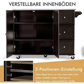 Costway Küchenwagen mit Arbeitsplatte aus Edelstahl, Kücheninsel mit 3 Schubladen & verstellbarer Ablage & Handtuchhalter, Mobiler Servierwagen, ... - Braun