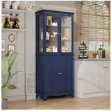 HOLTICO Hochschrank Freistehender küchenschränke mit Glastür, Glasküchenschrank, 183 cm (1-St) klassischer hoher Schrank mit Glastür und verstellbaren Regalen blau