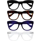 OPULIZE BIG Blaulichtfilter Lesebrille für Damen Herren - Übergroßer runder Fashion-Rahmen - Entspiegelt Blendfrei Computerbrillen UV Anti-Müdigkeit - 4er-Pack - Schwarz Braun Indigo Klar - +1,00