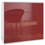 Vladon Kommode Pavos V3 (Sideboard hängend, mit 4 Schubladen), Weiß matt/Bordeaux Hochglanz (76 x 76 x 35 cm) rot