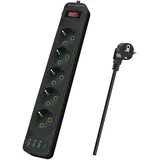 Anluomania Mehrfachsteckdose 5-Fach mit Schalter, 2500W Steckdosenleiste, Steckerleiste mit3 USB und 1 Type-C, 2m Kabel, Robustes Kunststoffgehäuse, Tischsteckdose für Home Office