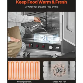 Vevor Hot Box Speisenwärmer Imbisswärmer mit 16 Ebenen & Wasserschale & Glas-Einzeltür & verstellbaren Ablagen, Speisewärmerschrank aus Edelstahl, ideal zur Aufbewahrung von Pizza Hühnchen