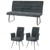 Mendler Esszimmer-Set HWC-G55, 2er-Set Stuhl mit Armlehne+Sitzbank 160cm, Edelstahl gebürstet Stoff/Textil Chenille ~ blau-grün