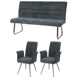 Mendler Esszimmer-Set HWC-G55, 2er-Set Stuhl mit Armlehne+Sitzbank 160cm, Edelstahl gebürstet Stoff/Textil Chenille ~ blau-grün