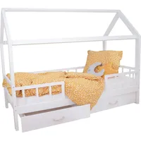 PuckDaddy Hausbett Carlotta 200x90 cm Kinder Bett aus Holz in Weiß abnehmbarer Rausfallschutz - Weiß