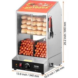 Vevor Hot Dog Dampfgarer, 37L, 2-stufiger Hot Dog Hütten-Dampfgarer, 30°C~85°C Temperaturregelung, elektrischer Brötchenwärmer mit Schiebetüren aus gehärtetem Glas, Trennplattenzange, Edelstahl, -
