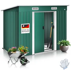 KESSER® - Gerätehaus L Metall 4 m3 mit Fundament   210x122x186 cm   2x Schiebetür & Fundament   Geräteschuppen   Gartenhaus Schrank   Pultdach Garten Schuppen   Inkl. Arbeitshandschuhe