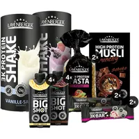 Layenberger Protein Complete Bundle - 17er Mix aus 3K Protein Shake (2x 360 g), Big Shot (8x 330 ml), 3K-Riegel (4x 45 g), Pasta Fusilli (2x 250 g), High Protein Müsli (1x 375 g)