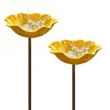 Handgefertigter Blumen-Gartenstecker Aus Metall, Doppelfunktions-Metallblumen-Vogeltränke Und Bestäuber-Wasserstation, Rote Vogelbadschale for Hof, Rasen, Terrasse, Landschaftsdekoration(Yellow,2pcs)