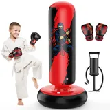 QPAU Boxsack Kinder, Aufblasbarer Standboxsack für 3-8 Kinder, Geschenke FüR Jungen Und MäDchen, Boxsack Stehend Kinder Set für Die Praxis Karate, Taekwondo, MMA (Schwarz&Rot)