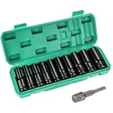 Schlagschrauber Nüsse Set, 11tlg 1/2'' Metrischer Antrieb Werkzeug Set 10-24mm Sechskant Stecknüsse, Kraft Steckschlüsselsatz, mit Stecknuss Adapter und Werkzeugkasten für Reparatur und Wartung