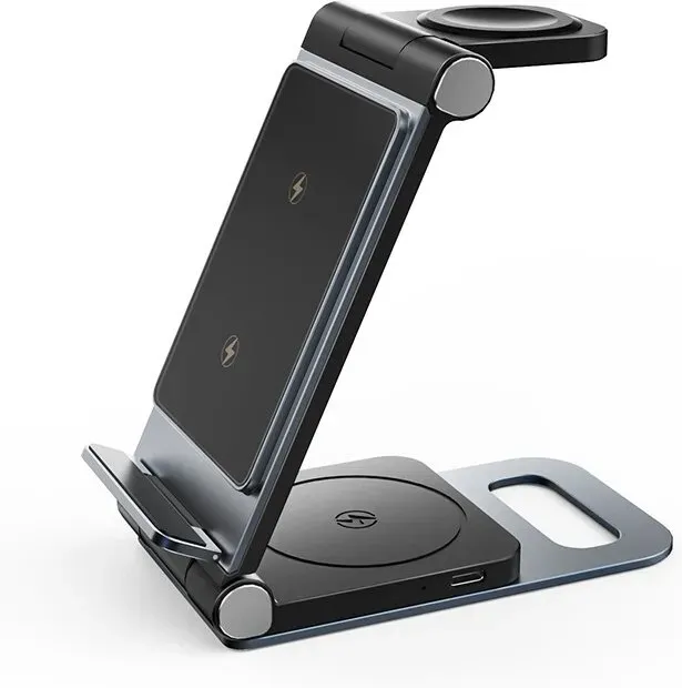 Rexsun 3-in-1 Faltbare Wireless-Ladestation, Aluminiumlegierung Wireless Charger Ständer für mehrere Apple-Geräte – Reisegröße für iPhone, Apple Watch, AirPods, Netzadapter Nicht Enthalten, T8, Schwarz