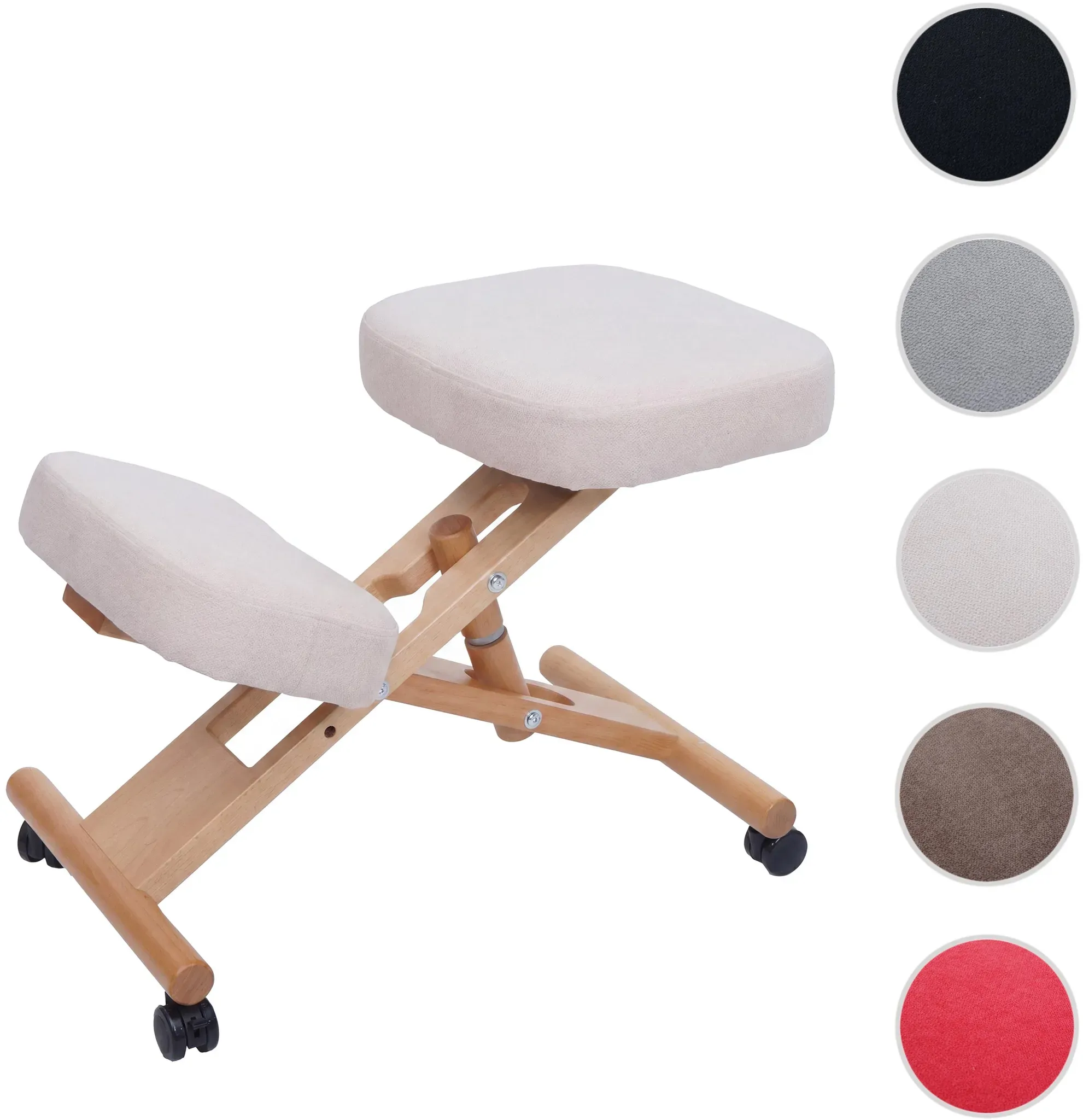 Kniestuhl HWC-Q46, Sitz-/Kniehocker höhenverstellbar Rollen Stoff/Textil (200g/m2) Holz ~ creme