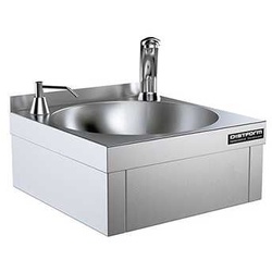 Wandhängendes Waschbecken aus Edelstahl mit elektronischem Wasserhahn
