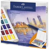 Faber-Castell 169748 Aquarellfarben in Näpfchen, mit Mischpalette und Wassertankpinsel, 48er Etui