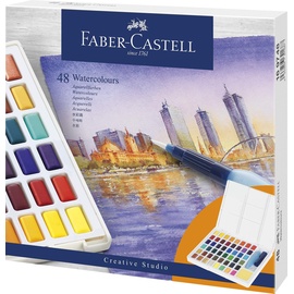 Faber-Castell 169748 Aquarellfarben in Näpfchen, mit Mischpalette und Wassertankpinsel, 48er Etui