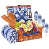 Picknickkorb, Picknickkorb 4 Personen für 4 Personen mit Wasserdichter Picknickdecke und Besteckset, Ppiknik Korb Set für Camping, Outdoor, Party, Strand, Tagesreisen(Blau)