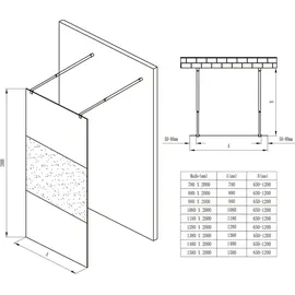 doporro Duschwand Duschtrennwand 130x200 Walk-In Dusche schwarz mit Doppel-Stabilisator aus Echtglas 8mm ESG-Sicherheitsglas Milchglas-Streifen