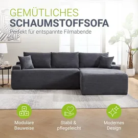 Juskys Eckcouch Cord 3-Sitzer Dunkelgrau