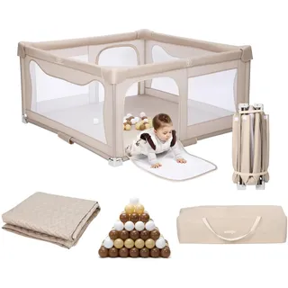 Elissio® Bodenlaufstall Baby – Faltbarer Laufstall mit taupefarbener Spielmatte & 50 Bällen – Krabbelgitter – Baby Laufgitter – Playpen für Babys – 150 x 150 x 76,5 cm – Beige