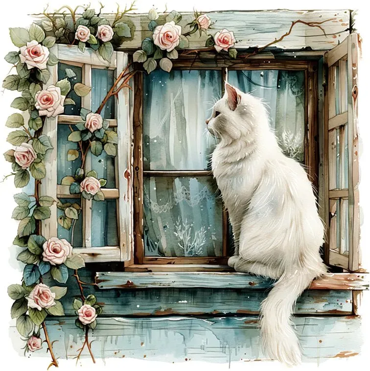 Blumen Fake-Fenster Wandaufkleber Blumen Wandtattoos zum Abziehen und Aufkleben Vintage Pfingstrose Rose Faux-Fenster Dekoration für Kinder Mädchenzimmer Schlafzimmer Wohnzimmer, süßes Kätzchen