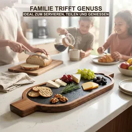 hausleben Servierbrett Holz mit Schieferplatte 50x15cm – Akazienholz Käseplatte mit 2 Griffen, Längliches Tapas Brett & Antipasti Platte – Ru...