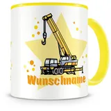 Samunshi® Kindertasse mit Namen Tasse Kran LKW Personalisierte Tasse mit Namen Kinder Kinderbecher mit Namen Kindergarten gelb 300ml