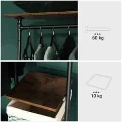 Garderobenständer auf Rollen, bis 90 kg belastbar, mit 5 Ablagen, Wasserrohr-Optik, Holzoptik, Vintage, dunkelbraun, schwarze Metallrohren