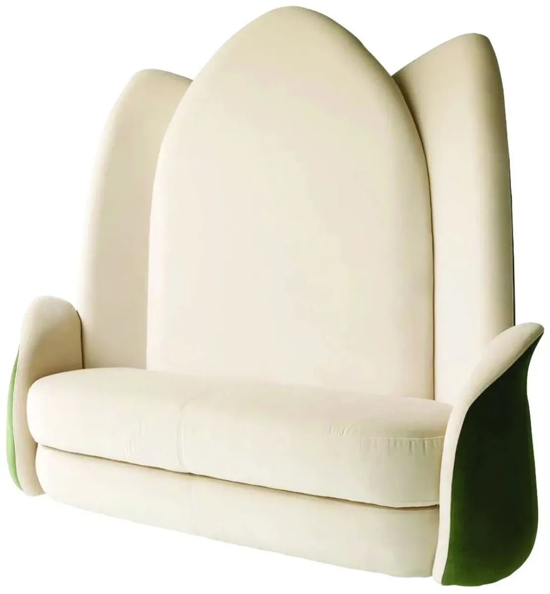 Casa Padrino Luxus Designer Sitzbank Lotusblume Cremefarben / Grün 162 x 64 x H. 170 cm - Edle gepolsterte Samt Bank mit hoher Rückenlehne - Hotel Möbel - Luxus Qualität - Made in Italy