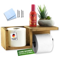 Felino® Toilettenpapierhalter Klopapierhalter Halterung Kiefern Holz OHNE Bohren | Klorollenhalter selbstklebend mit Ablage | Vintage Bad Zubehör