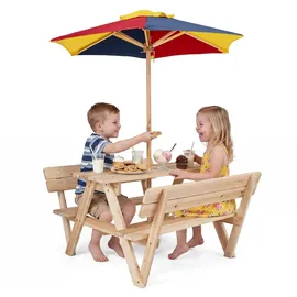Fantask COSTWAY Kindersitzgruppe mit Sonnenschirm, Picknicktisch mit Tisch & 2 Sitzbänken, für 4 Kinder ab 3 Jahren