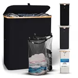 HENNEZ Wäschekorb mit Deckel 2 Fächer Wäschekorb schmal schwarz 141L Wäschesack - Wäschesortierer Anthrazit Wäschebox Wäschetonne schwarzer Wäschesammler mit Deckel Wäschetruhe dunkle Wäschekörbe