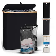 HENNEZ Wäschekorb mit Deckel 2 Fächer Wäschekorb schmal schwarz 141L Wäschesack - Wäschesortierer Anthrazit Wäschebox Wäschetonne schwarzer Wäschesammler mit Deckel Wäschetruhe dunkle Wäschekörbe