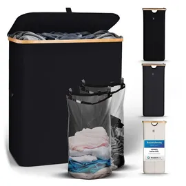 HENNEZ Wäschekorb mit Deckel 2 Fächer Wäschekorb schmal schwarz 141L Wäschesack - Wäschesortierer Anthrazit Wäschebox Wäschetonne schwarzer Wäschesammler mit Deckel Wäschetruhe dunkle Wäschekörbe