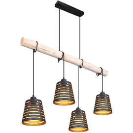 ETC Shop Pendelleuchte Holzbalken Hängelampe Retro Esszimmerlampe hängend mit vier Metallschirmen, schwarz gold, 4x E27, LxBxH 85x17x120 cm, Wohnzimmer